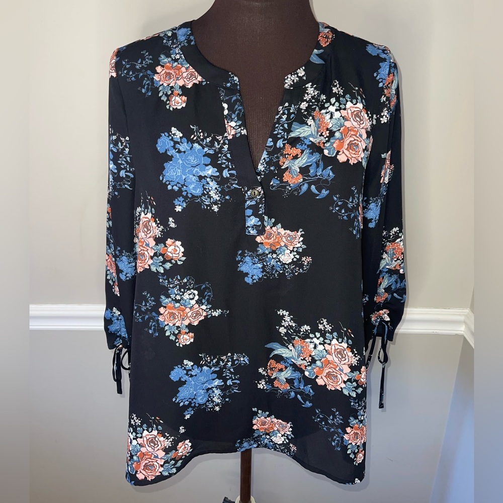 Anthropologie Everleigh Floral Blouse Tunic 3/4" Rouched Sleeves S Cottagecore‎